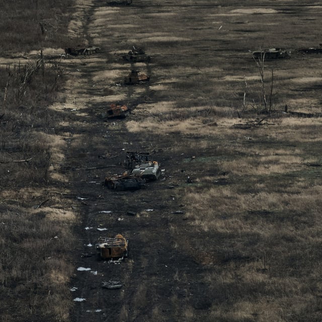Destroyed Russian armored vehicles used to storm Avdivka on December 23, 2023 in Avdiivka, Ukraine. New footage appears to show Ukrainian strike drones forcing a Russian tank crew to abandon their vehicle close to Avdiivka as Moscow's onslaught on the Donetsk town nears its fourth month.