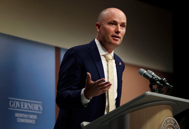 Utah Gov. Spencer Cox speaks at the PBS Utah Governor's Monthly News Conference at the Eccles Broadcast Center in Salt Lake City, Oct. 19, 2023. Cox signed a bill into law Tuesday, Jan. 30, 2024, that makes the state the latest to prohibit diversity training, hiring and inclusion programs at universities and in state government. (Laura Seitz/The Deseret News via AP, Pool, File)