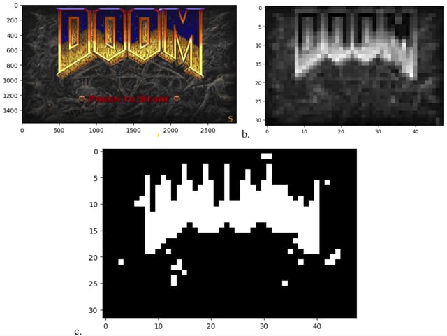 Science students get DOOM running on human E.coli gut bacteria, with one frame of simplified black-and-white gameplay at 32 x 48 resolution.