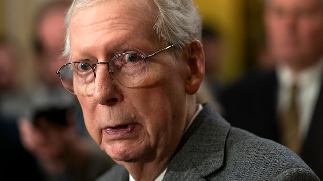 Minority Leader Mitch McConnell (R-Ky.) addresses reporters after the weekly policy luncheon on Wednesday, January 31, 2024.