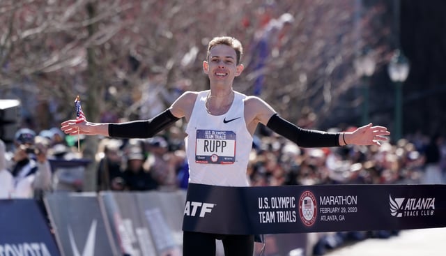 Feb 29, 2020; Atlanta, Georgia, USA; Galen Rupp celebrates after winning the men's race in 2:09:20 during the US Olympic Team Trials marathon. Mandatory Credit: Kirby Lee-USA TODAY Sports ORG XMIT: USATSI-424954 ORIG FILE ID:  20200229_jla_al2_343.jpg