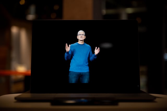 Tim Cook, chief executive officer of Apple Inc., speaks during the California Streaming virtual product launch in Louisville, Kentucky, U.S., on Tuesday, Sept. 14, 2021. The Cupertino, California-based technology giant has been readying four new iPhones, as well as Apple Watches with larger screens. Photographer: Jonathan Cherry/Bloomberg via Getty Images