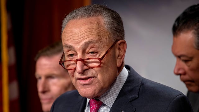 Senate Majority Leader Charles Schumer (D-N.Y.) speaks at a press conference on WEE1 Tactical’s marketing of a ‘JR-15’ rifle towards children at the U.S. Capitol in Washington, D.C., on Thursday, January 26, 2023.