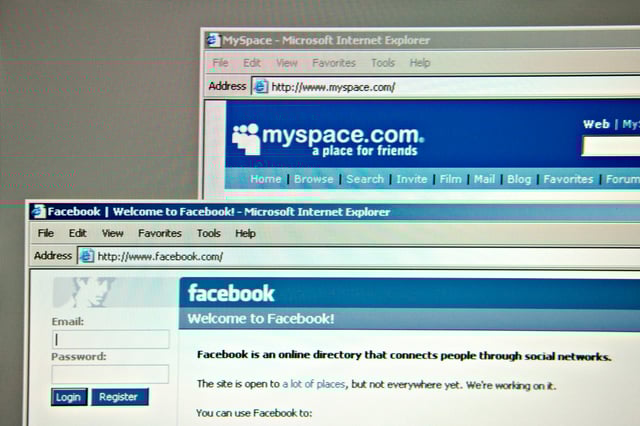 The home pages of facebook.com and myspace.com are arranged for a photograph on a computer screen on September 7, 2006.