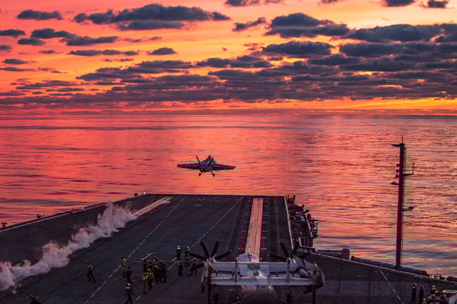 An F/A-18E Super Hornet launches from the flight deck of the USS Dwight D. Eisenhower in the Atlantic Ocean on Oct. 1, 2020.
