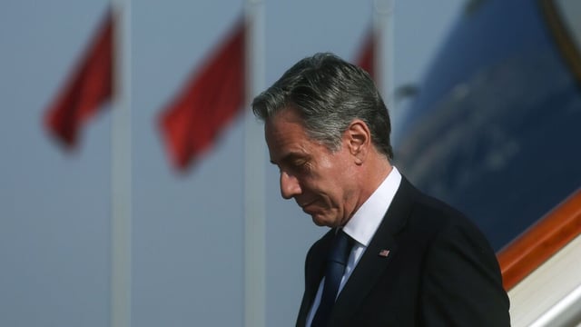 U.S. Secretary of State Antony Blinken arrives in Beijing, Sunday, June 18, 2023. (Leah Millis/Pool Photo via AP)