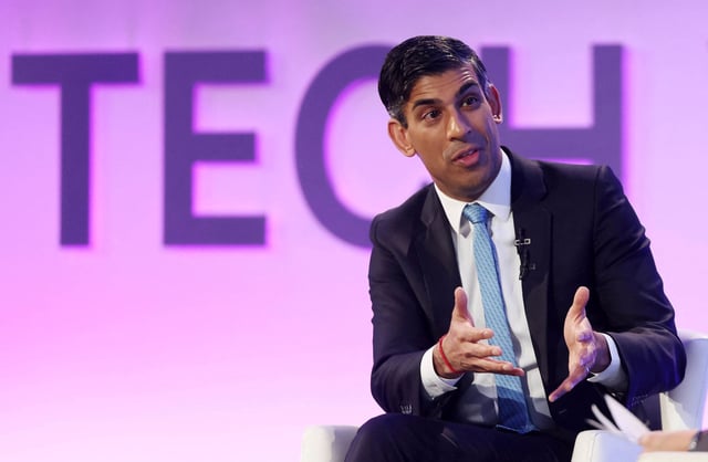 Britain's Prime Minister Rishi Sunak speaks at the opening of London Tech Week in central London on June 12, 2023. (Photo by Ian Vogler / POOL / AFP) (Photo by IAN VOGLER/POOL/AFP via Getty Images)