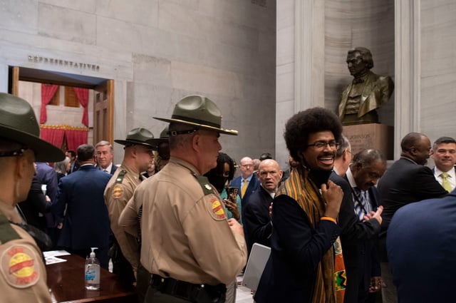 Rep. Justin Pearson, D- Memphis greets protesters after Gov. Bill Lee delivered his State of the State address to the Tennessee General Assembly in the House chamber of the Capitol in Nashville, Tenn., Monday, Feb. 5, 2024.