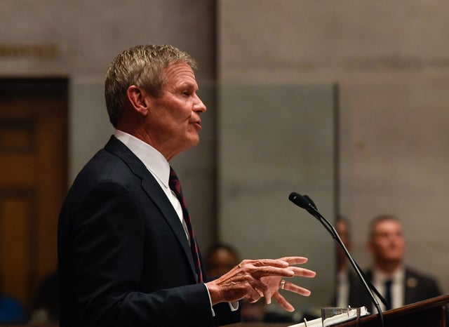 Gov. Bill Lee delivers his State of the State address to the Tennessee General Assembly in the House chamber of the Capitol in Nashville, Tenn., Monday, Feb. 5, 2024.