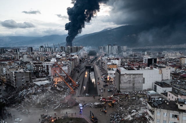 Smoke billows from the Iskenderun Port as rescue workers work at the scene of a collapsed building on February 7, 2023 in Iskenderun, Turkey.