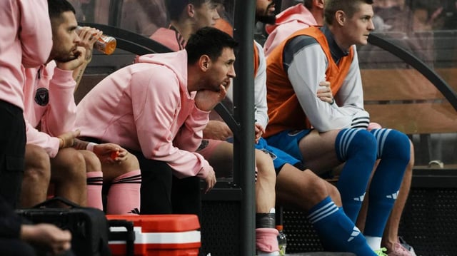[US, Mexico & Canada customers only] Feb 4, 2024; Hong Kong, HONG KONG; Inter Miami player Lionel Messi on the sideline in a preseason friendly soccer match against Hong Kong XI at Hong Kong Stadium. Mandatory Credit: Lam Yik/Reuters via USA TODAY Sports