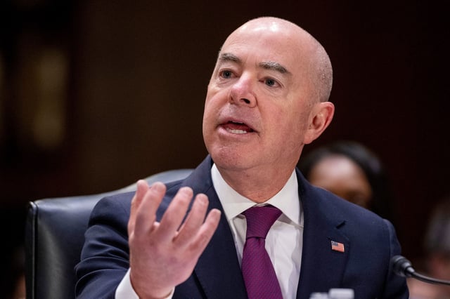 Homeland Security Secretary Alejandro Mayorkas testifies during a hearing of the Senate Appropriations Committee on Capitol Hill on November 8, 2023, in Washington, DC.
