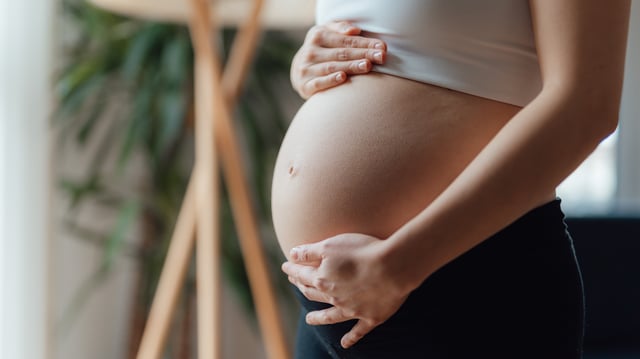 close up of a pregnant woman's exposed belly that she's cradling in both hands