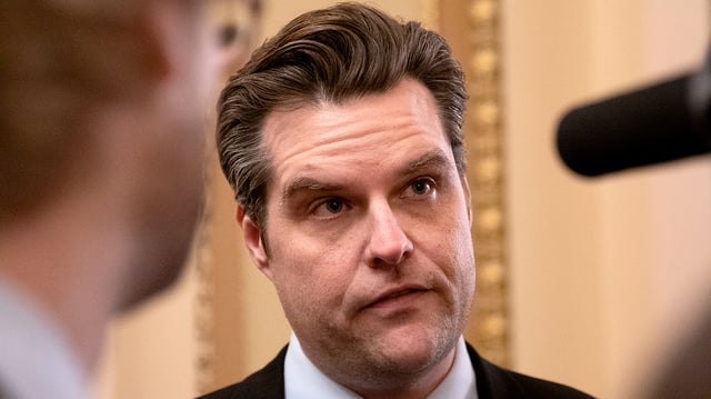 Rep. Matt Gaetz (R-Fla.) talks with reporters outside the House Chamber following votes Thursday, January 11, 2024.