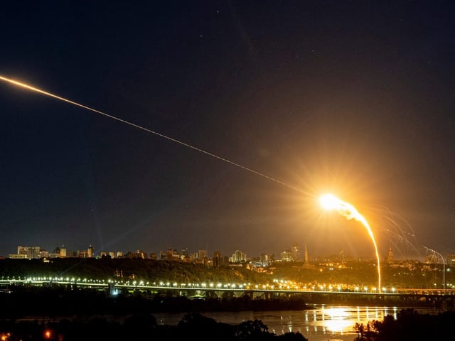 Ukrainian air defense intercepts a Shahed drone mid-air in Kyiv on May 30, 2023.