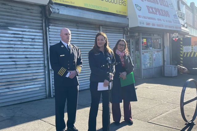 FDNY Commissioner Laura Kavanagh announcing the bust of an illicit Queens e-bike shop