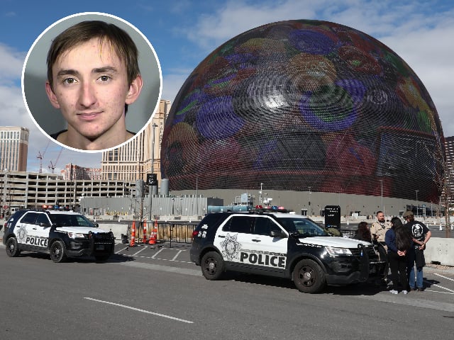 LAS VEGAS, NEVADA - FEBRUARY 07: Individuals are seen in handcuffs near the Sphere after law enforcement responded to reports that pro-life activist Maison DesChamps (not pictured) had climbed to the top of the structure on February 07, 2024 in Las Vegas, Nevada. DesChamps was previously arrested for also climbing the Aria in August 2021. (Photo by Jamie Squire/Getty Images)
