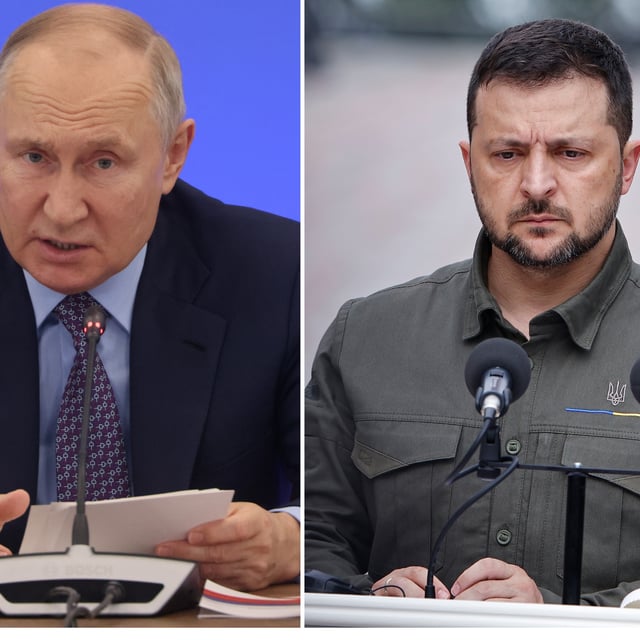 Russian President Vladimir Putin (left) delivers a speech during the State Council's Presidium on September 21, 2023, in Veliky Novgorod, Russia. Ukrainian President Volodymyr Zelensky during a press conference on September 6, 2023, in Kyiv, Ukraine. Zelensky condemned Russia on Thursday for an attack on a grocery store in Ukraine that killed dozens of civilians.