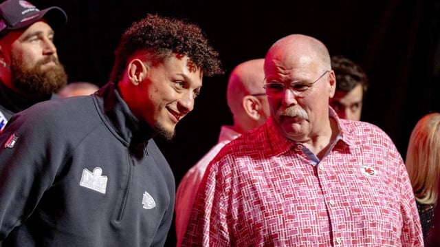 Kansas City Chiefs head coach Andy Reid, right, jokes with quarterback Patrick Mahomes during Super Bowl LVIII’s Opening Night event at Allegiant Stadium on Monday, Feb. 5, 2024, in Las Vegas.