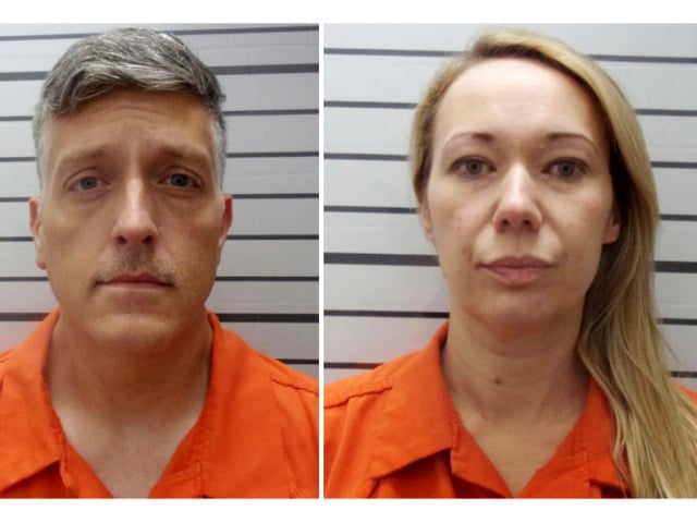 FILE - This combination of booking photos provided by the Muskogee County, Okla., Sheriff's Office shows Jon Hallford, left, and Carie Hallford, the owners of Return to Nature Funeral Home. Prosecutors were set to lay out their case Thursday, Feb. 8, 2024, against Jon Hallford, a former co-owner of the Colorado funeral home where nearly 200 bodies, some of them stacked and partially covered, were found last year in a building infested with flies and maggots. (Muskogee County Sheriff's Office via AP, File)