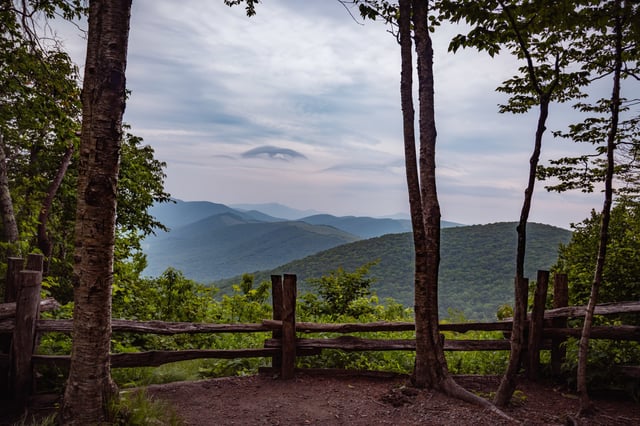 A view of the Blue Ridge Mountains from a trailhead in North Carolina, USA.
