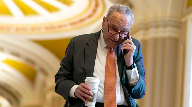 Majority Leader Chuck Schumer (D-N.Y.) arrives to the Capitol in Washington, D.C., on Thursday, February 8, 2024.