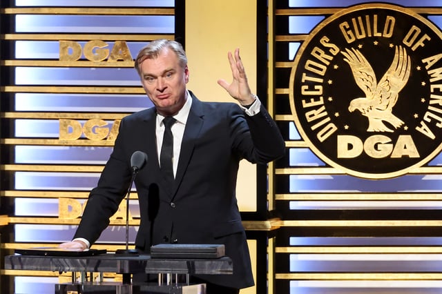 BEVERLY HILLS, CALIFORNIA - FEBRUARY 10: Christopher Nolan accepts a Directors Guild of America Feature Film Medallion for “Oppenheimer” onstage during attends the 76th Directors Guild of America Awards at The Beverly Hilton on February 10, 2024 in Beverly Hills, California. (Photo by Amy Sussman/Getty Images for DGA)