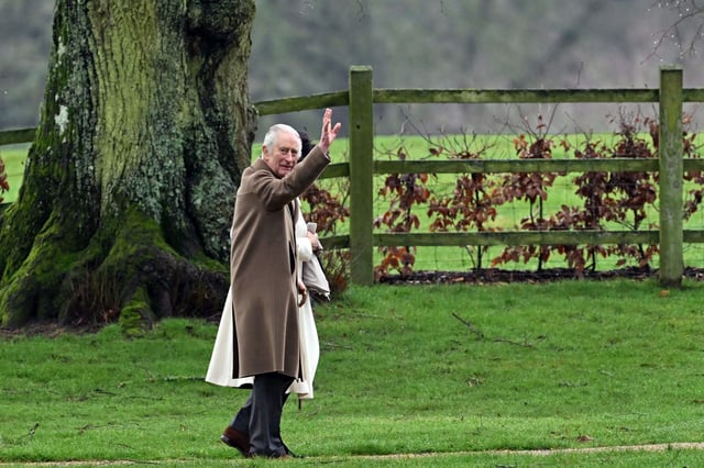 Britain's King Charles III and Britain's Queen Camilla (hidden) arrive at St Mary Magdalene Church on the Sandringham Estate in eastern England on February 11, 2024. Britain's King Charles III on Saturday expressed his "heartfelt thanks" to well-wishers, in his first statement since his shock announcement that he has cancer.