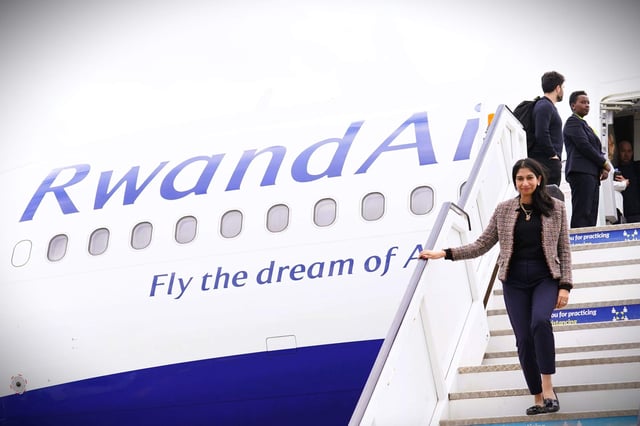 Home Secretary Suella Braverman arrives at Kigali International Airport in Rwanda in July 2023. Photo: Stefan Rousseau/PA/Alamy