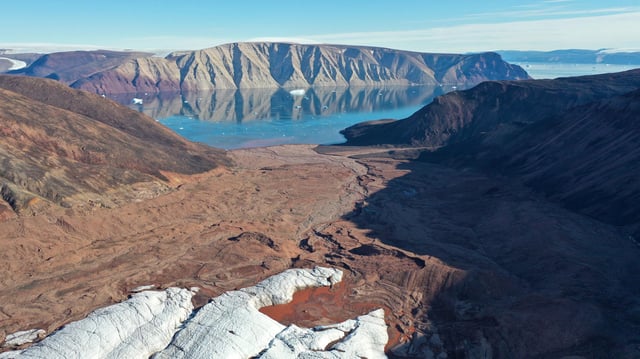 From above Sydgletscher looking to Bowdoin Fjord, at Qaanaaq, north-west Greenland. Credit: Mark Smith