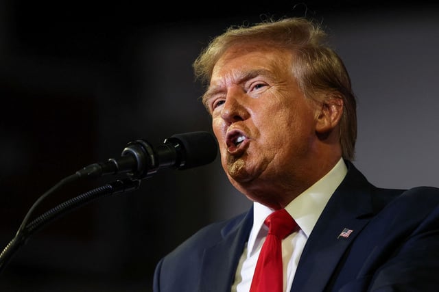 Republican presidential candidate and former U.S. President Donald Trump speaks as he holds a campaign rally at Coastal Carolina University ahead of the South Carolina Republican presidential primary in Conway, South Carolina, U.S., February 10, 2024. REUTERS/Sam Wolfe