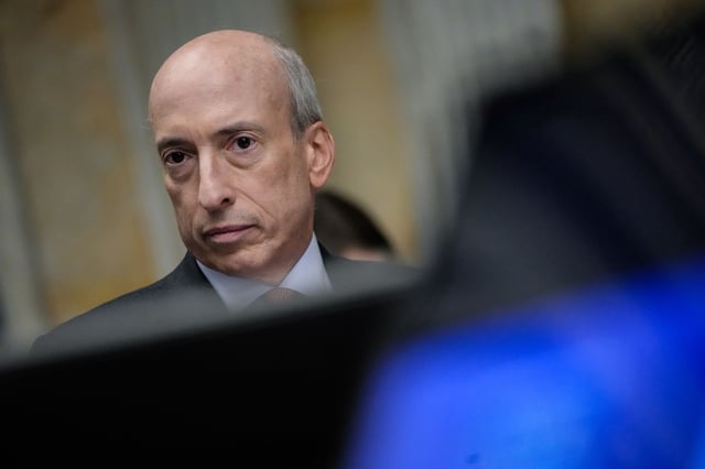 U.S. Securities and Exchange Commission (SEC) chairman Gary Gensler attends a meeting of the Financial Stability Oversight Council at the U.S. Department of Treasury on December 14, 2023 in Washington, DC. The group has published their 2023 annual report, which takes a look at the past year in climate, banking, cybersecurity, artificial intelligence, cryptocurrency and other issues.