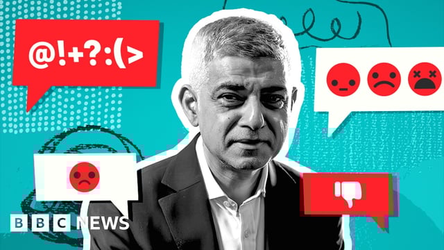 Graphic showing Sadiq Khan with angry emojis and text bubbles representing hateful messages