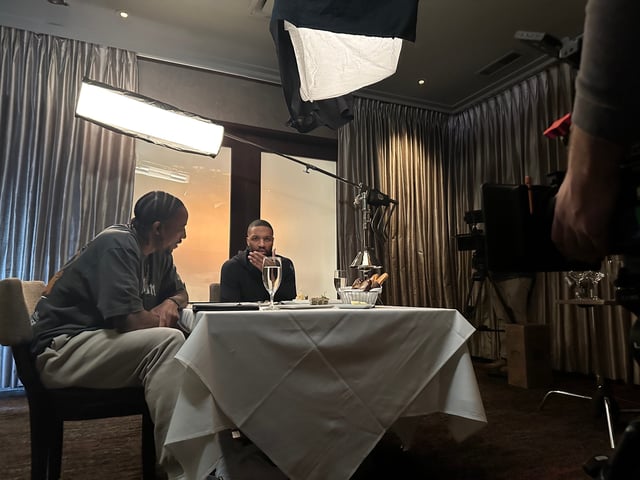 Chicago Bulls forward DeMar DeRozen sits with Milwaukee guard Damian Lillard for the new series "Dinners With DeMar."