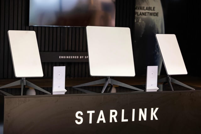 Starlink satellite antennas are seen at the Internationale Funkausstellung (IFA), the international trade show for consumer electronics and home appliances, on August 31, 2023 during a preview at the fair grounds in Berlin. Starlink is a satellite internet provider operated by Elon Musk's American aerospace company SpaceX.