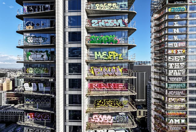 Graffiti spray painted by taggers on at least 27 stories of an unfinished skyscraper development located downtown on Feb. 2, 2024 in Los Angeles.