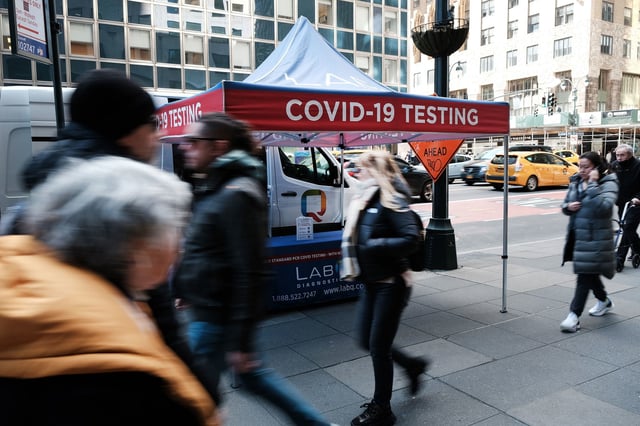 A Covid-19 testing tent sits along a Manhattan street on March 9, 2023 in New York City.