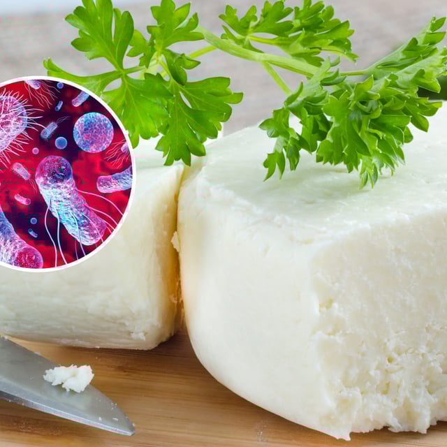 A stock image of cotija cheese pictured on a cutting board and, inset, a graphic representation of listeria bacteria. 26 infections with the potentially fatal pathogen have been linked to cheese from one producer.