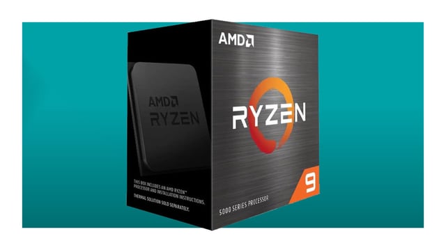 The AMD Ryzen 9 5950X processor packaging on a green background