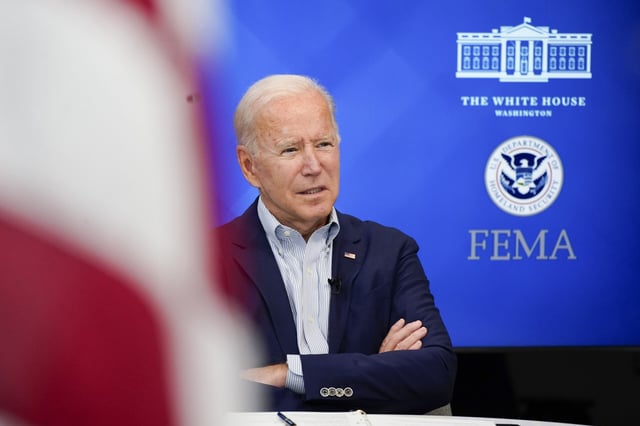 President Joe Biden listens during a FEMA briefing on Hurricane Ida in the South Court Auditorium in the Eisenhower Executive Office Building on the White House Campus, Saturday, Aug. 28, 2021, in Washington. (AP Photo/Manuel Balce Ceneta)