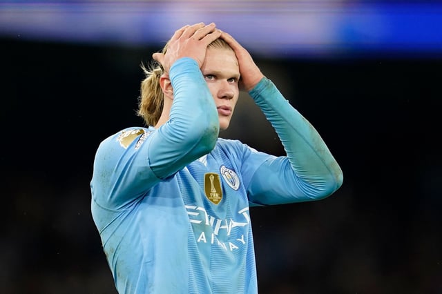 Manchester City's Erling Haaland reacts after missing a chance during the English Premier League soccer match between Manchester City and Chelsea at the Etihad stadium in Manchester, England, Saturday, Feb. 17, 2024.