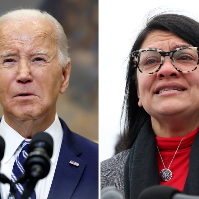 From left, President Joe Biden speaks in the Roosevelt Room of the White House on February 16, 2024, in Washington, DC.  Rep. Rashida Tlaib speaks outside of the U.S. Capitol on December 07, 2023, in Washington, DC.