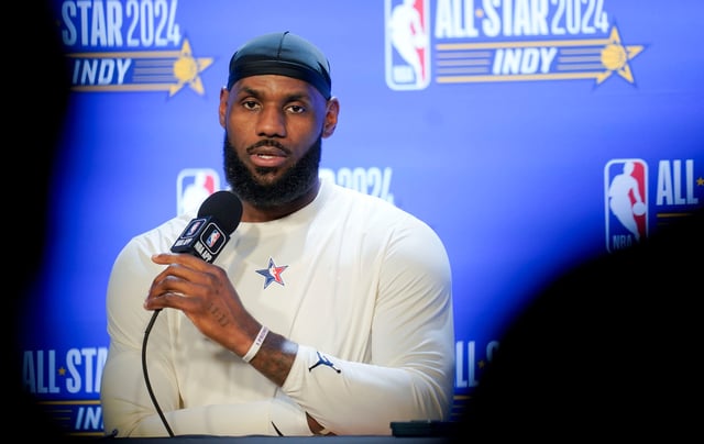 LeBron James talks to the media before the 73rd NBA All Star Game at Gainbridge Fieldhouse.
