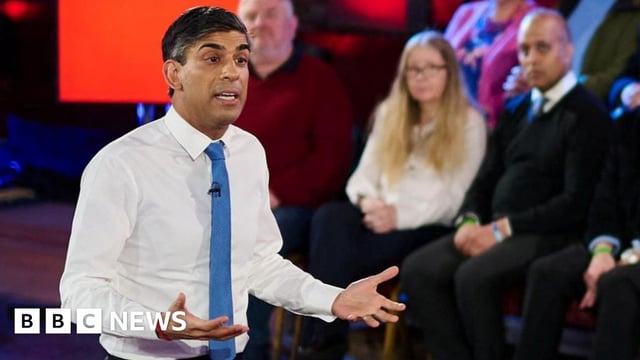British Prime Minister Rishi Sunak participates in the GB News People's Forum in County Durham, Britain, February 12, 2024, in this still courtesy of GB news/Matt Pover.