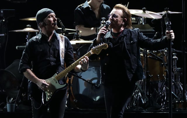 The Edge and Bono of U2 perform on stage. CREDIT: Han Myung-Gu/WireImage/Getty Images