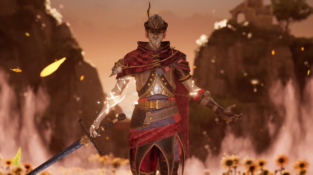 A colorfully dressed fantasy warrior from game Enotria: The Last Song