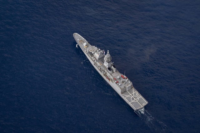 HMAS Warramunga, an Anzac class frigate, conducts a cooperative activity between Japan, the United States and Australia during a regional presence deployment. The Anzac class is currently Australia's smallest warship and constitutes a "Tier 2" capability. (Commonwealth of Australia)