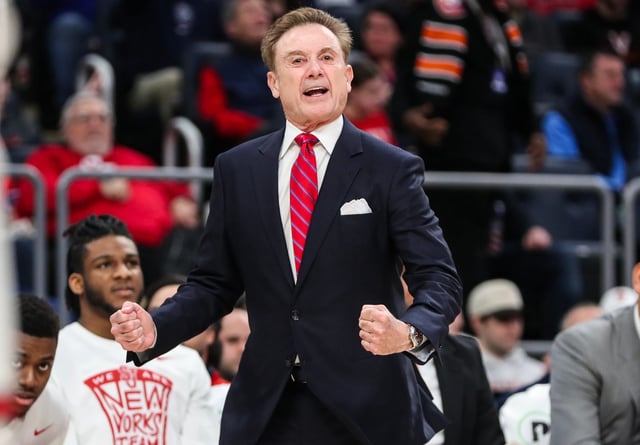 St. John's coach Rick Pitino yells out instructions to his team during the first half against Seton Hall at UBS Arena.