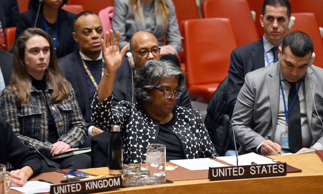 U.S. Ambassador to the UN Linda Thomas-Greenfield casts a veto vote during a UN Security Council meeting on the Israel-Hamas war, at UN Headquarters in New York City on February 20, 2024.