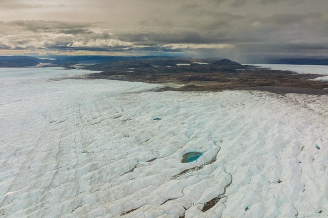 Meltwater lakes are seen on the Russell Glacier front on Greenland's ice sheet.